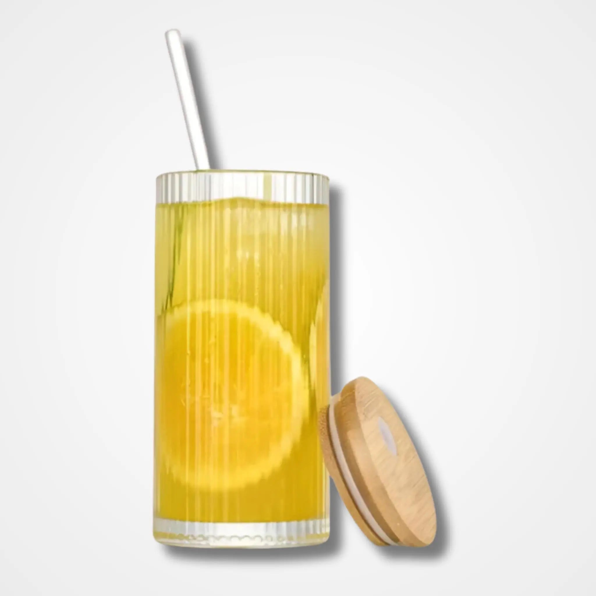 Ribbed glass tumbler with wooden lid - osbshop.pk