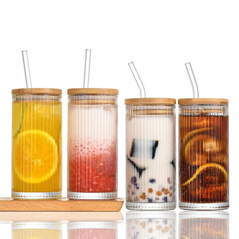 Ribbed glass tumbler with wooden lid - osbshop.pk