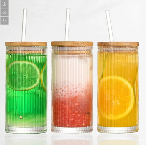 Ribbed glass tumbler with wooden lid - osbshop.pk