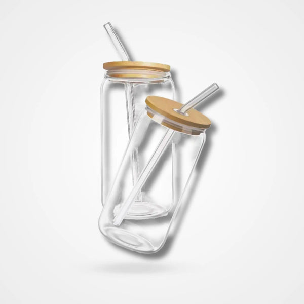 Glass Can Mug with Straw with Wooden Cap