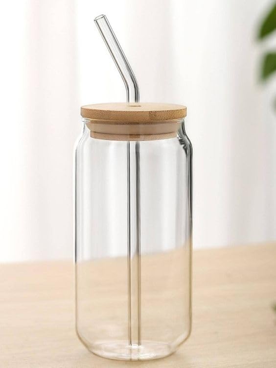 Glass Can Mug with Straw with Wooden Cap - OSB