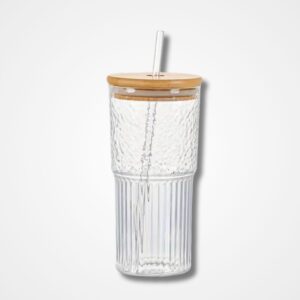 Ribbed Glass tumbler With Lid and Straw